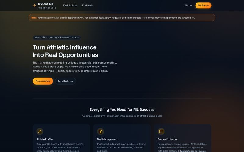 Trident NIL home page with its beta banner: payments are not live yet.