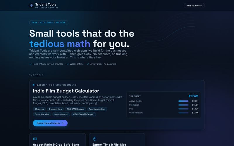 Trident Tools home page: “Small tools that do the tedious math for you.”