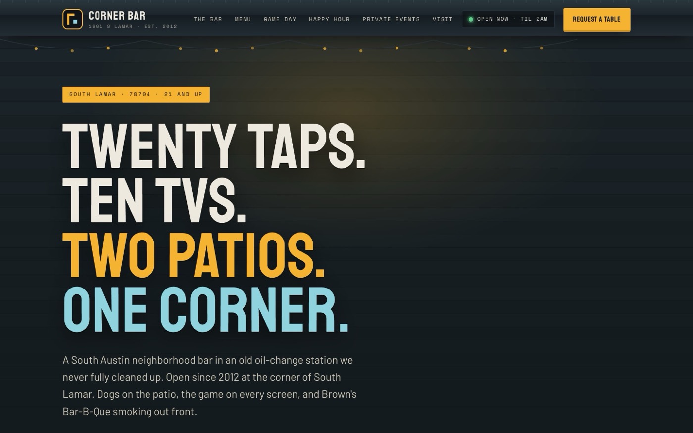 Corner Bar Austin — dark service-station styled home page