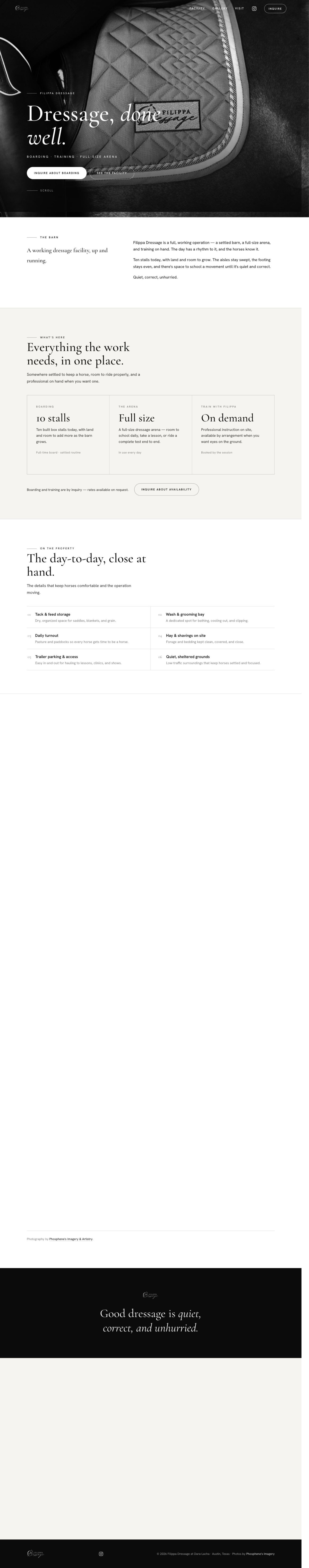 Full-length screenshot of the Filippa Dressage website, from the hero photograph through the facility and trainer galleries to the footer