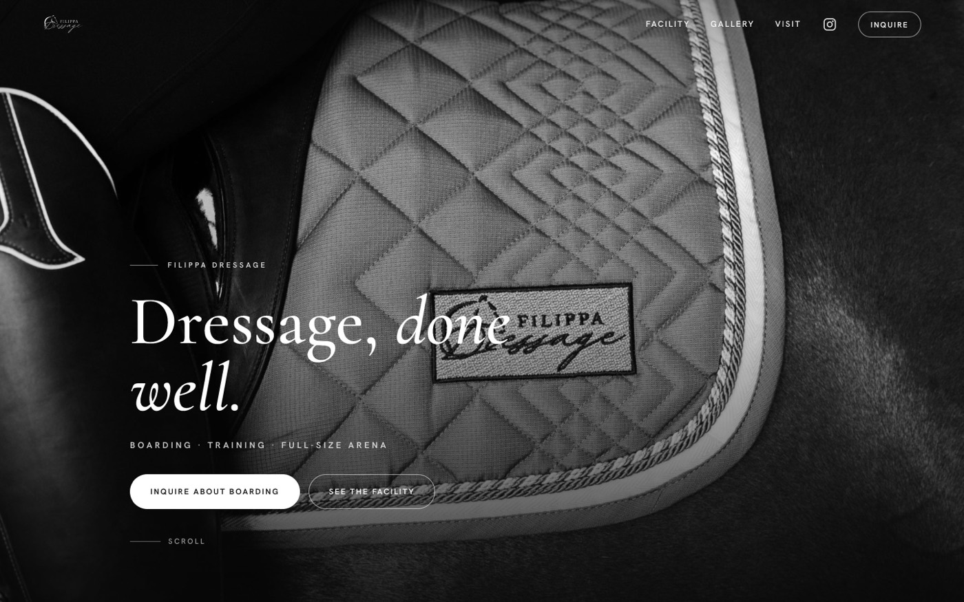 Filippa Dressage — black-and-white editorial home page