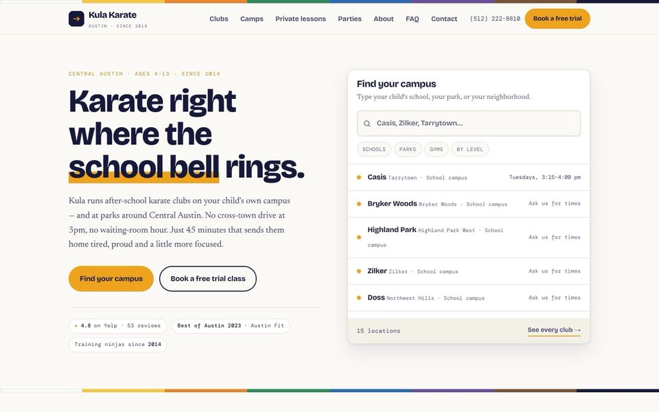 Kula Karate: a home page built around a campus finder for fifteen after-school karate clubs