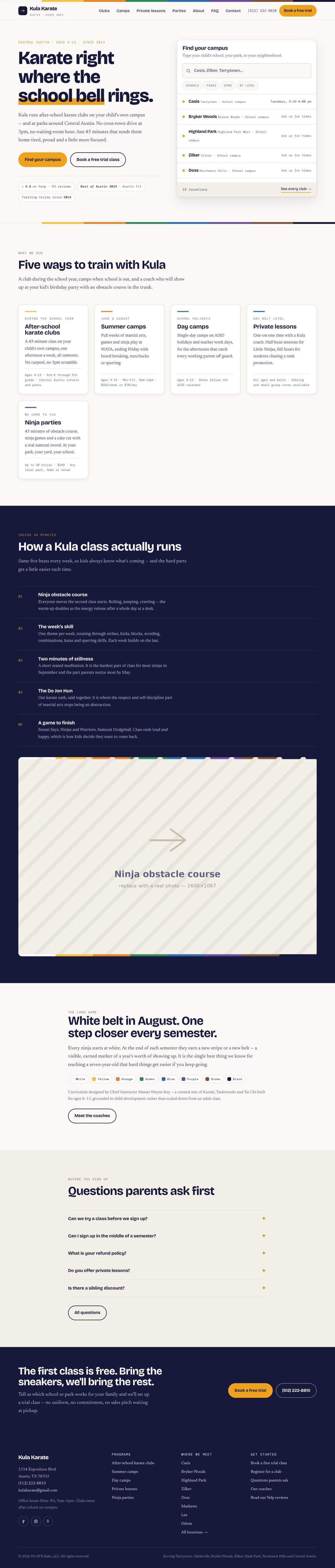 Full-length screenshot of the Kula Karate home page, with the campus finder above the fold followed by programme and trial sections