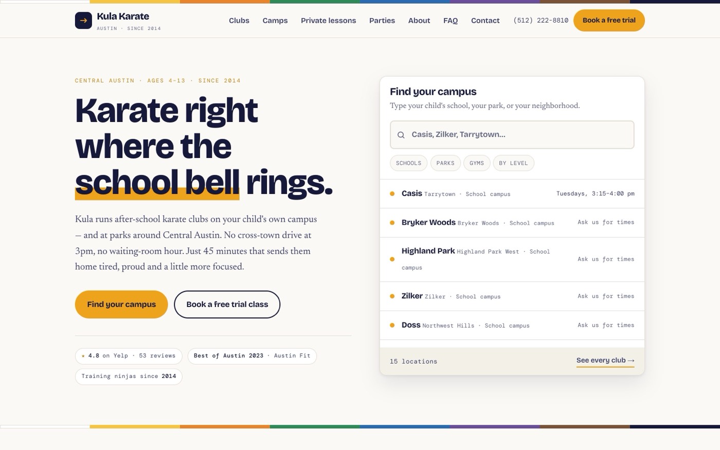 Kula Karate — campus finder above the fold