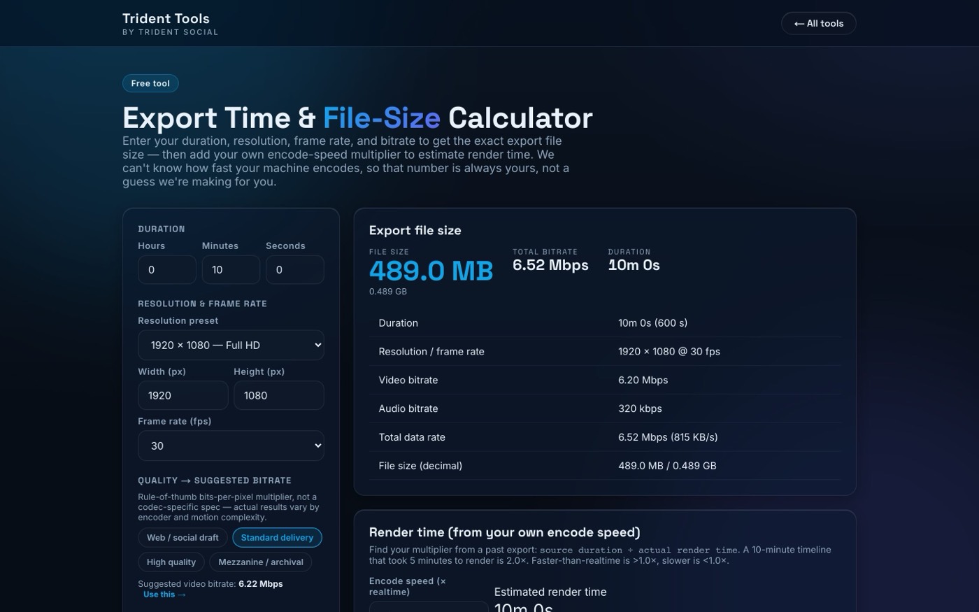 Export Time and File-Size Calculator with duration, resolution and bitrate inputs