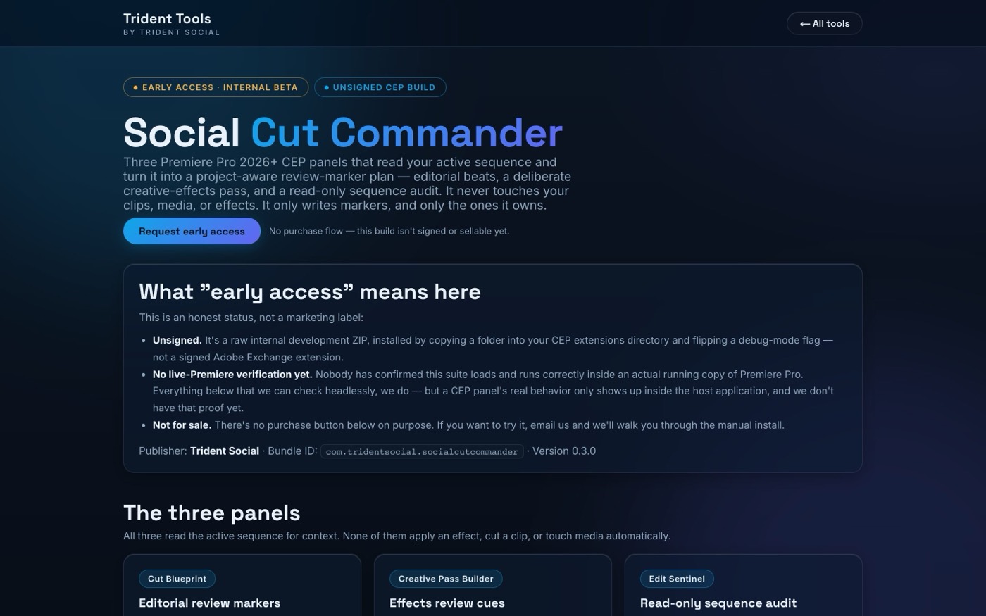 Social Cut Commander product page — a Premiere Pro panel suite for editorial review markers